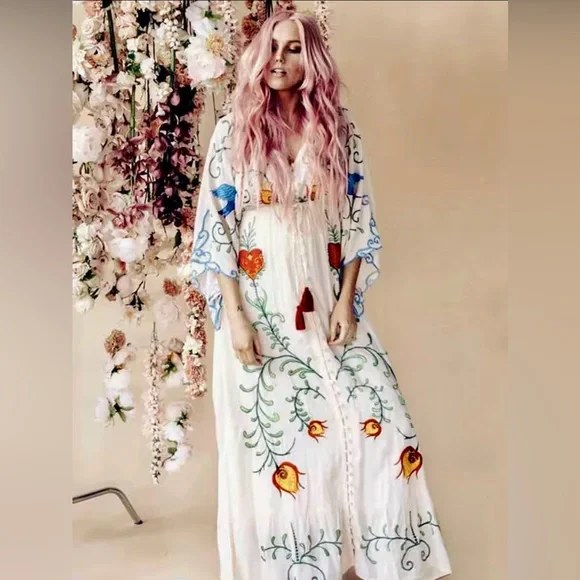 Boho Chic Floral & Bird Embroidered Flowy Maxi Dress V Neck wedding maternity - Picture 3 of 8